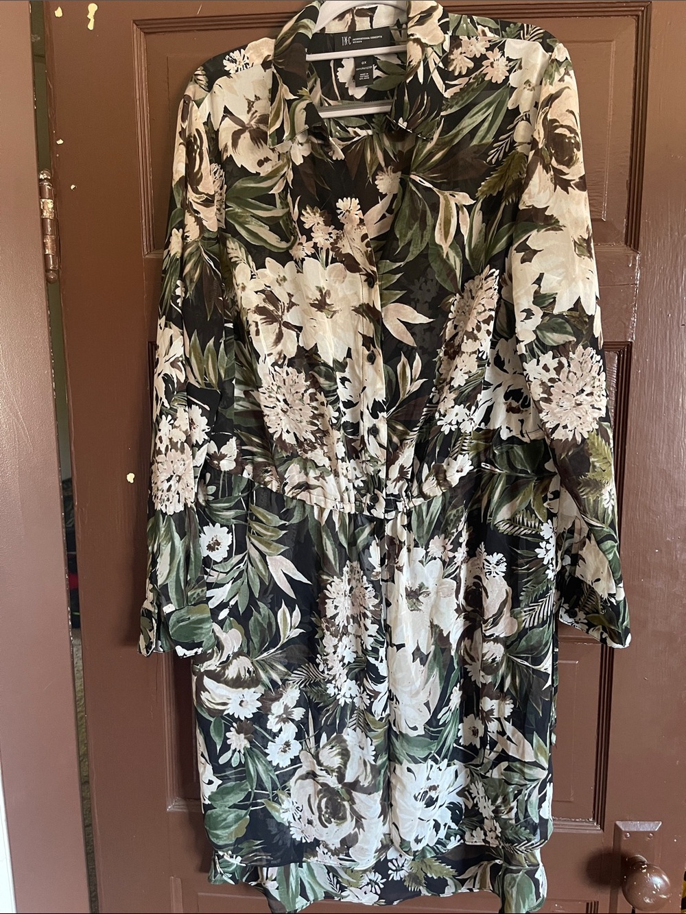 INC International Concepts Black Floral Long-Sleeve Shirt Dress